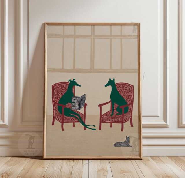 Greyhound Reading Book Poster Print - Minimalist Dog Illustration With Armchairs Neutral Animal Wall Art - image 1