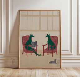 Greyhound Reading Book Poster Print - Minimalist Dog Illustration With Armchairs Neutral Animal Wall Art - thumbnail 1