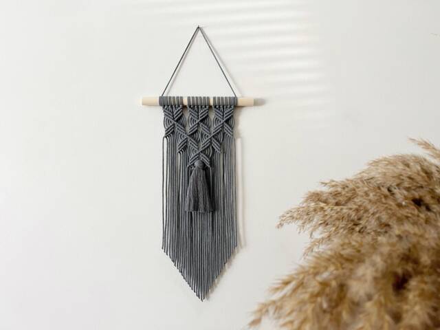 Dark Grey Macrame Wall Hanging With Tassel, Boho Accent For Living Room, Nordic Style Interior, Small Gift Grandmother, Original Pattern - image 1