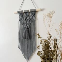 Dark Grey Macrame Wall Hanging With Tassel, Boho Accent For Living Room, Nordic Style Interior, Small Gift Grandmother, Original Pattern - thumbnail 2