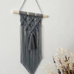 Dark Grey Macrame Wall Hanging With Tassel, Boho Accent For Living Room, Nordic Style Interior, Small Gift Grandmother, Original Pattern - thumbnail 3