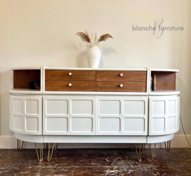Stunning, Very Large Curved Sideboard, By Nathan in White With Walnut Drawers - Steel Legs/Handles - image 1