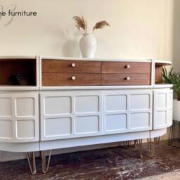 Stunning, Very Large Curved Sideboard, By Nathan in White With Walnut Drawers - Steel Legs/Handles - thumbnail 4