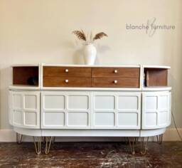 Stunning, Very Large Curved Sideboard, By Nathan in White With Walnut Drawers - Steel Legs/Handles - thumbnail 1