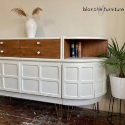 Stunning, Very Large Curved Sideboard, By Nathan in White With Walnut Drawers - Steel Legs/Handles - thumbnail 3