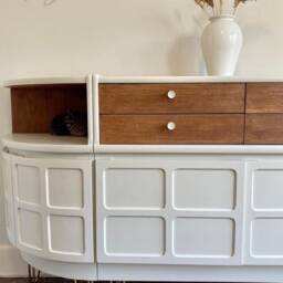 Stunning, Very Large Curved Sideboard, By Nathan in White With Walnut Drawers - Steel Legs/Handles - thumbnail 2