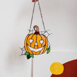 stained Glass Pumpkin Orange Halloween Suncatcher Picture Home Decor Window Wall Hangings Cling Gift House, Dark Academia - thumbnail 3