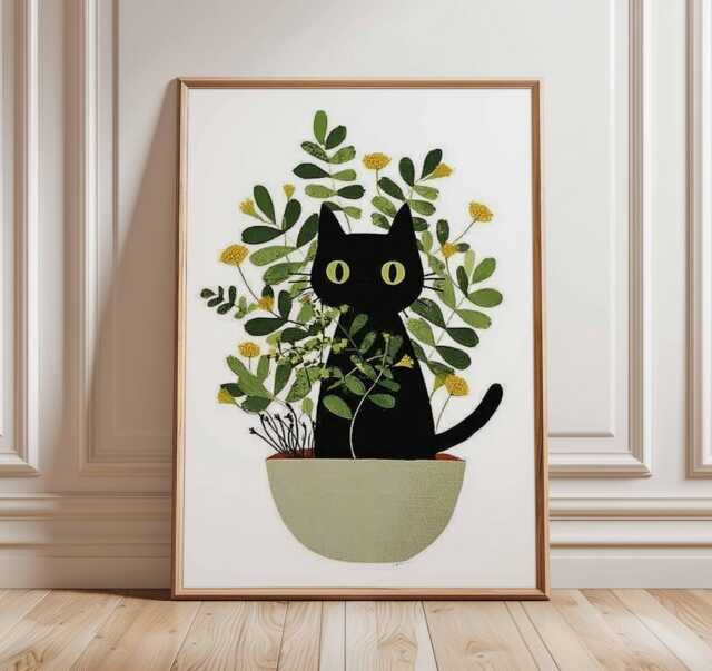Black Cat Wall Art, Botanical Print, Modern Illustration Poster, Minimalist Animal Artwork, Plant Lover Gift, Cozy Home Decor - image 1