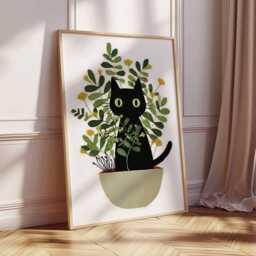 Black Cat Wall Art, Botanical Print, Modern Illustration Poster, Minimalist Animal Artwork, Plant Lover Gift, Cozy Home Decor - thumbnail 2