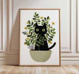 Black Cat Wall Art, Botanical Print, Modern Illustration Poster, Minimalist Animal Artwork, Plant Lover Gift, Cozy Home Decor - thumbnail 1