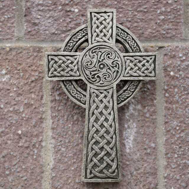 Celtic Cross Hanging Stone Plaque - Outdoor Garden Ornament Viking British