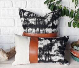 Cognac Faux Leather Pillow Cover Black White Abstract, Modern Throw