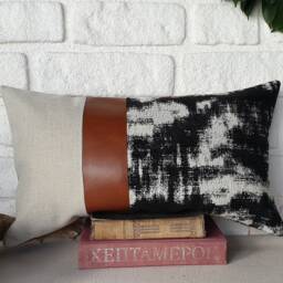 Cognac Faux Leather Pillow Cover Black White Abstract, Modern Throw - thumbnail 2