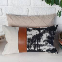 Cognac Faux Leather Pillow Cover Black White Abstract, Modern Throw - thumbnail 3