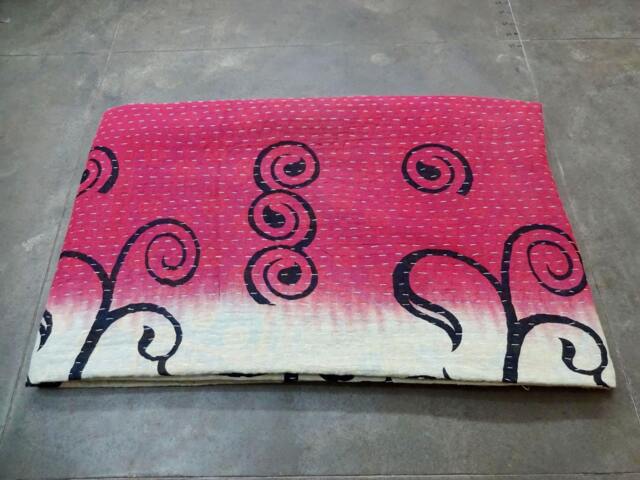 Floral Kantha Quilt Handmade Indian Cotton Twin Bedspread - image 1