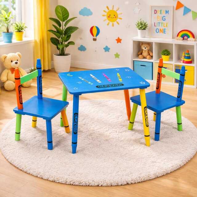 Children Wooden Crayon Table & Chairs Set Kids Room Furniture - image 1