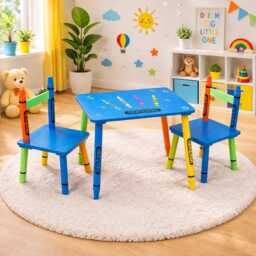 Children Wooden Crayon Table & Chairs Set Kids Room Furniture - thumbnail 1