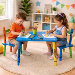Children Wooden Crayon Table & Chairs Set Kids Room Furniture - thumbnail 3