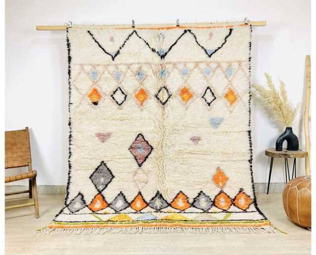 Ivory Moroccan Berber Rug, Handwoven Wool Shag Colorful Diamond & Triangle Motifs, Authentic Beni Ourain Carpet, Large 9x12 Area Rug - image 1