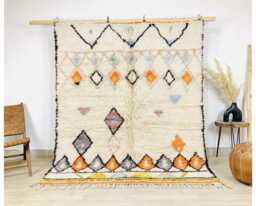 Ivory Moroccan Berber Rug, Handwoven Wool Shag Colorful Diamond & Triangle Motifs, Authentic Beni Ourain Carpet, Large 9x12 Area Rug - thumbnail 1