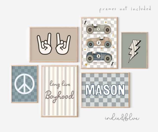 Personalised Gallery Wall Set Of 6 Prints, Toddler Boy Nursery Bedroom Prints For Playroom, Boyhood, Racing, Cool Boys - image 1