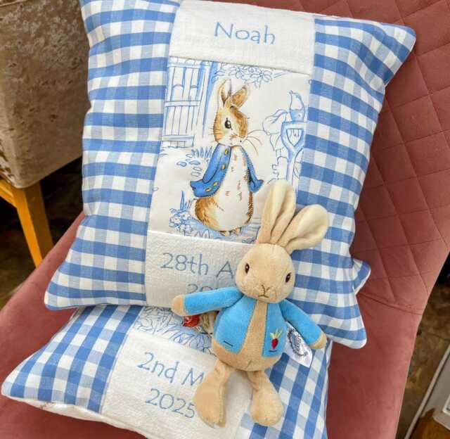 Beatrix Potter?? Pastel Name & Date Cushion- Handmade Cushion - Peronsalized Pillow Personalised New Baby - image 1