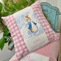Beatrix Potter?? Pastel Name & Date Cushion- Handmade Cushion - Peronsalized Pillow Personalised New Baby - thumbnail 2