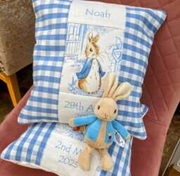Beatrix Potter?? Pastel Name & Date Cushion- Handmade Cushion - Peronsalized Pillow Personalised New Baby - thumbnail 1