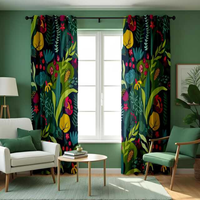 Tropical Botanical Print Curtains, Teal Green Jungle Leaf Drape Bright Floral Modern Vibrant Window Panels - image 1