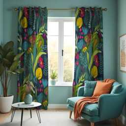 Tropical Botanical Print Curtains, Teal Green Jungle Leaf Drape Bright Floral Modern Vibrant Window Panels - thumbnail 2