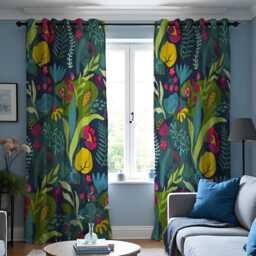 Tropical Botanical Print Curtains, Teal Green Jungle Leaf Drape Bright Floral Modern Vibrant Window Panels - thumbnail 3