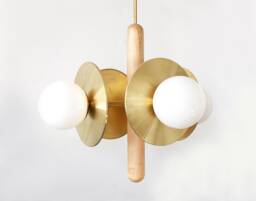 Quattro Mid Century Modern Maple & Brass Chandelier Opal Glass Globe Shades Pendant Light Living Room
