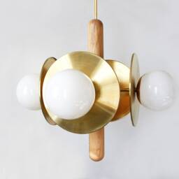 Quattro Mid Century Modern Maple & Brass Chandelier Opal Glass Globe Shades Pendant Light Living Room - thumbnail 2