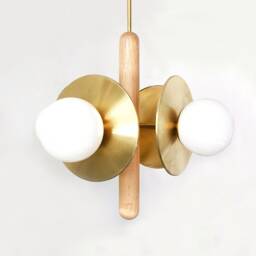 Quattro Mid Century Modern Maple & Brass Chandelier Opal Glass Globe Shades Pendant Light Living Room - thumbnail 4