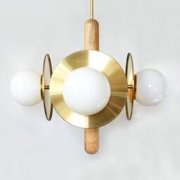 Quattro Mid Century Modern Maple & Brass Chandelier Opal Glass Globe Shades Pendant Light Living Room - thumbnail 3