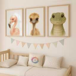 Kids Animal Nursery Prints - Safari Wall Art, Baby Boys Bedroom Decor, Watercolour Print, Girls Room, Playroom - thumbnail 1