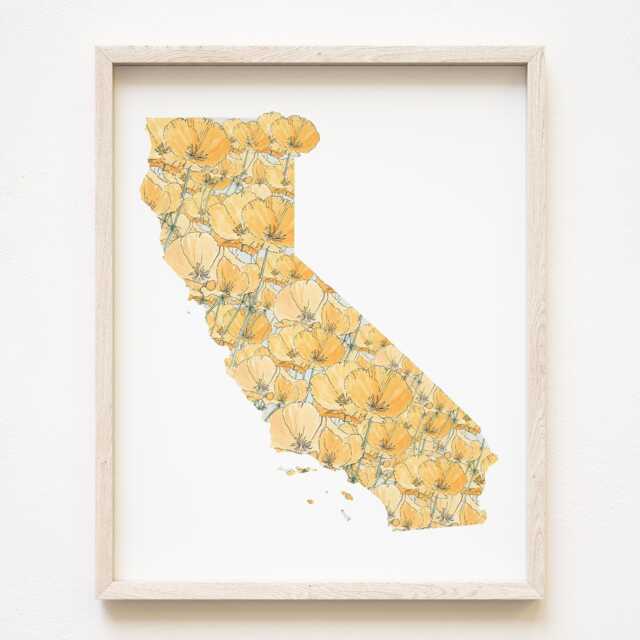 California State Flower Map Watercolor California Poppy - Art Print Wall Graduation Wedding Anniversary Realtor Moving Gift West Coast - image 1
