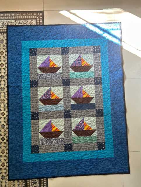 Nautical Theme Blue Baby Quilt, Sailboat Ocean & Star Crib Toddler Bedding, Decor, Handmade Cotton Quilt Sale - image 1
