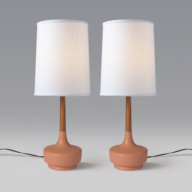 Mid Century Table Lamp Ceramic & Teak Brooke Desert Rose #1 Pair - image 1