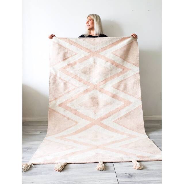 Pastel Pink Geometric Rug, Boho Rug, Handmade Area Modern Kilim Wool Dining Room Rug 7' X 10' , 8' - image 1