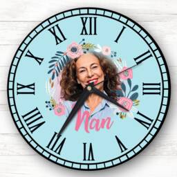 Nan Flower Wreath Photo Blue Personalised Gift Clock - thumbnail 1