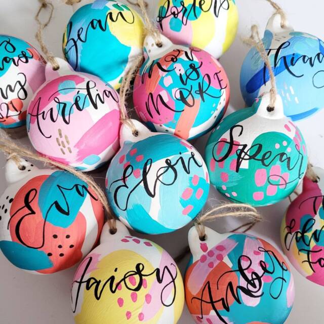 Personalised Christmas Baubles Hand Painted Colourful Christmas Decorations, Message & Name in Calligraphy, First Bauble - image 1