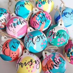 Personalised Christmas Baubles Hand Painted Colourful Christmas Decorations, Message & Name in Calligraphy, First Bauble