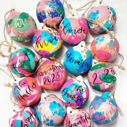 Personalised Christmas Baubles Hand Painted Colourful Christmas Decorations, Message & Name in Calligraphy, First Bauble - thumbnail 2