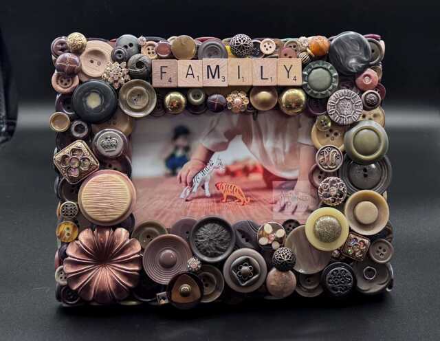 Family Button Frame Vintage Buttons, Jewelry Accents, Brown Olive Gold Photo Holder - image 1