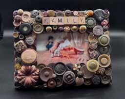 Family Button Frame Vintage Buttons, Jewelry Accents, Brown Olive Gold Photo Holder