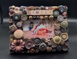 Family Button Frame Vintage Buttons, Jewelry Accents, Brown Olive Gold Photo Holder - thumbnail 1