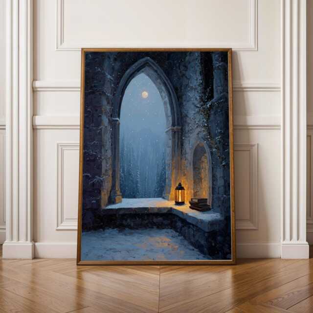 Castlecore Wall Art, Dark Academia Print, Moonlit Winter Scene, Art Blue & Gray Decor, Living Room Gift For Coworker - image 1