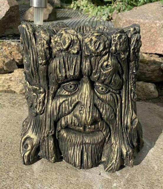 stone Garden Tree Green Man Planter Plant Pot Gold Cute Ornament - image 1