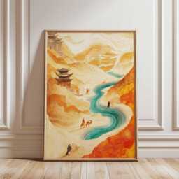 Asian River Landscape Poster Orange Gold Nature Wall Art Vertical Temple Print For Living Room Bedroom Office Decor, Ink - thumbnail 1